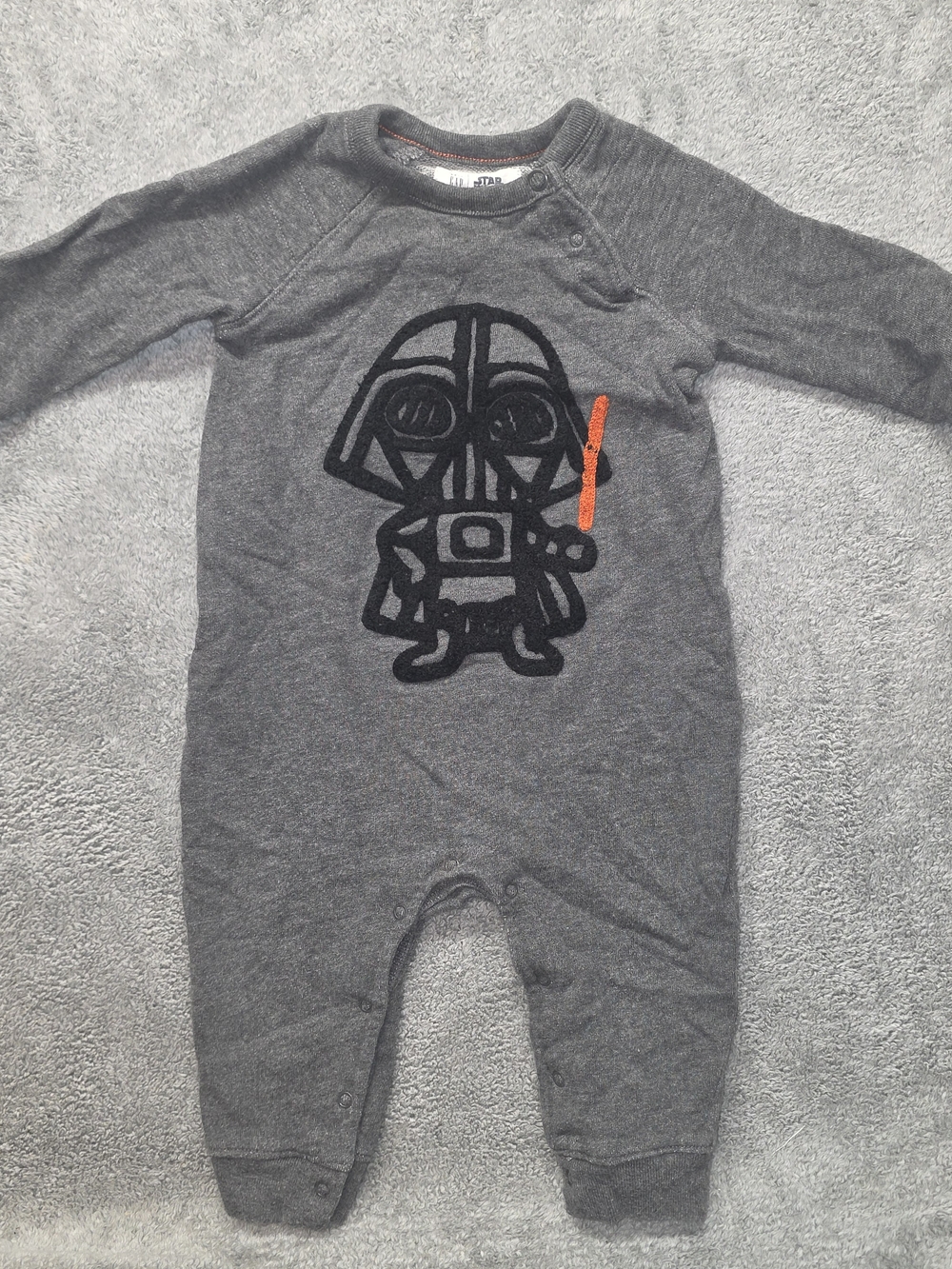 GAP Gray Darth Vader Star Wars Baby Romper with Orange Lightsaber Detail 6-12m